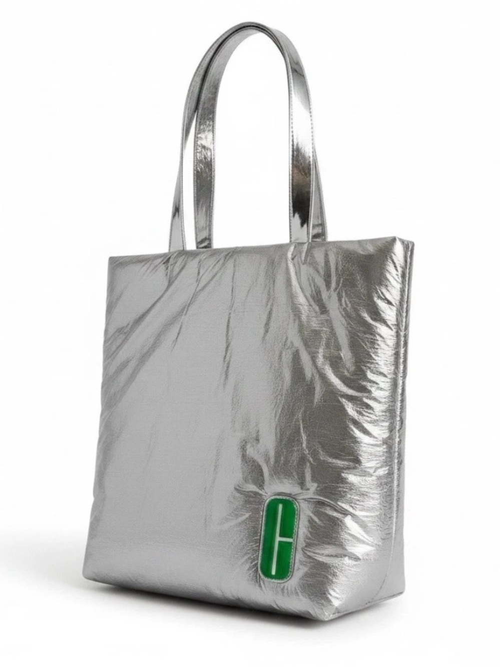 Clinique Silver Metallic Tote with Green Logo Accent